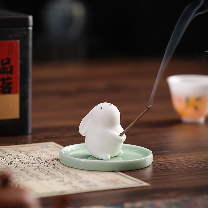 Adorable Bunny Rabbit Incense Holder Ceramic Cute Animal Decor for Home Aromatherapy Desk Zen Meditation Gift