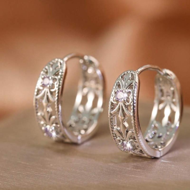 Hihho 1 Pair Vintage Style Hollow Geometric Round Brass Plated Zirconia Earrings With Purple Stones, Fashion Jewelry Gift For Women