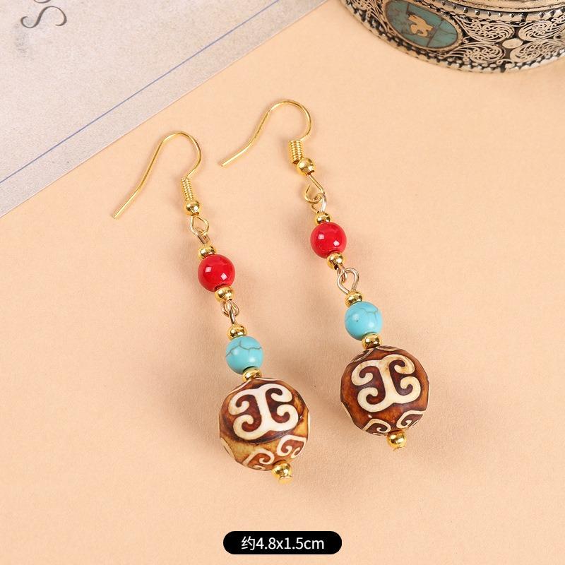 Original design Tibetan nine-eye dzi bead agate earrings retro literary tiger tooth earrings Chinese earrings women