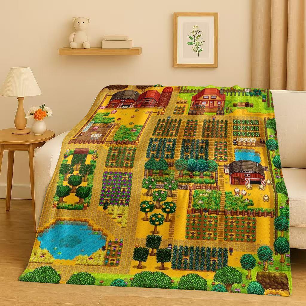 3D Retro Stardew Valley Farm Map Pixel Game Flannel Blanket,Ultra Soft Warm Plush Throw for Home Bedroom Bed Sofa Cover Kid Gift