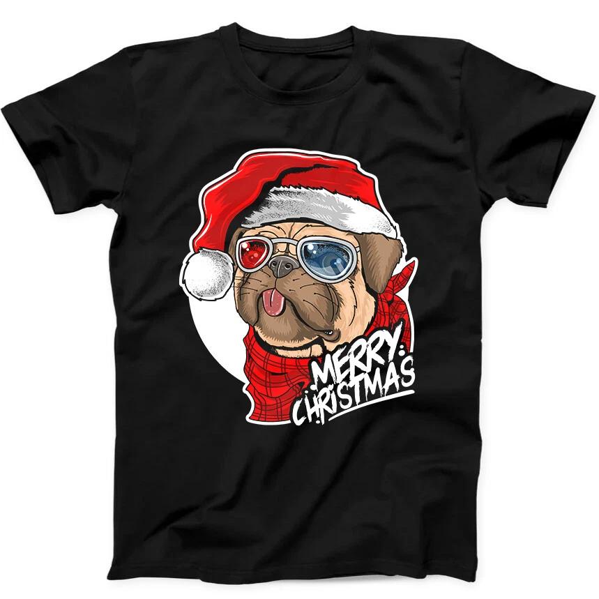 Pug Puppy Dog Santa Claus Christmas Cute Face Present Gift Tee Black T Shirt 119