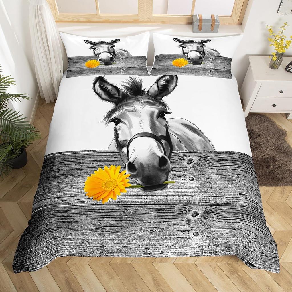 Cute Donkey Duvet Cover Rustic Barn Door Full Bedding Set Farmhouse Decor Farm Animals Comforter Cover Sunflower Flower Bed Set