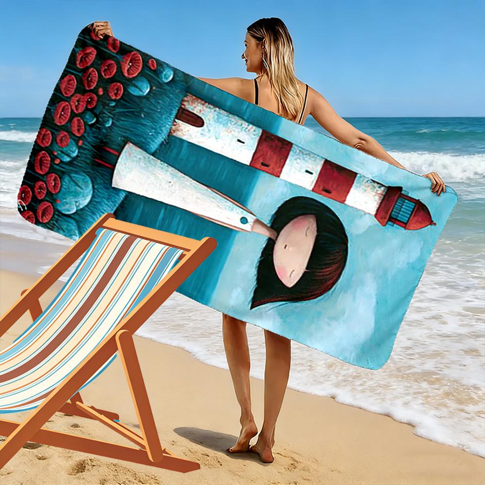 Girl with Lighthouse and Red Flowers Beach towel quick-drying for travel outdoor sports jogging beach and swimming