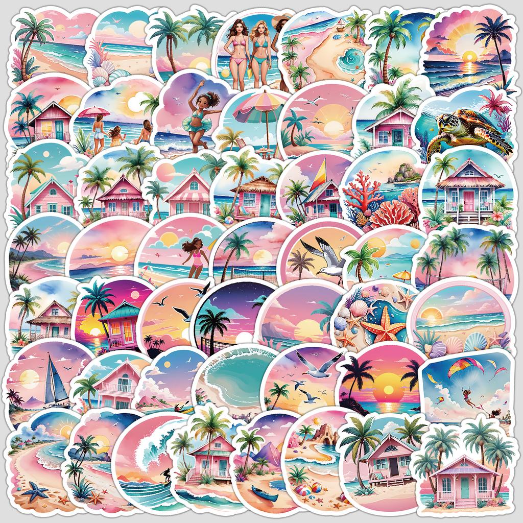 50 Pieces of Cute Beach Series Graffiti Stickers, Creative Cartoon Stickers, Waterproof Decorative Stickers for Computers