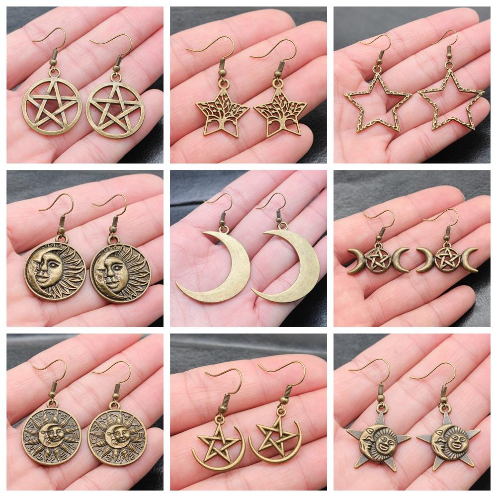 25 Styles Vintage Antique Bronze Plated Moon Sun Star Dangle Drop Earrings For Women Inspired Statement Wiccan Jewelry Gift