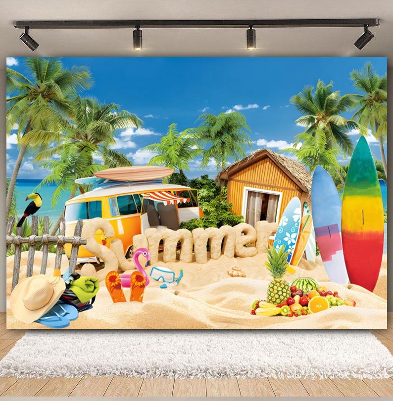 Tropischer Strand Hintergrund für Fotografie Sommer Hawaii Blaues Ozeanwasser Meeresufer Palme Kinder Feiertagsparty Foto Hintergrund Dekoration