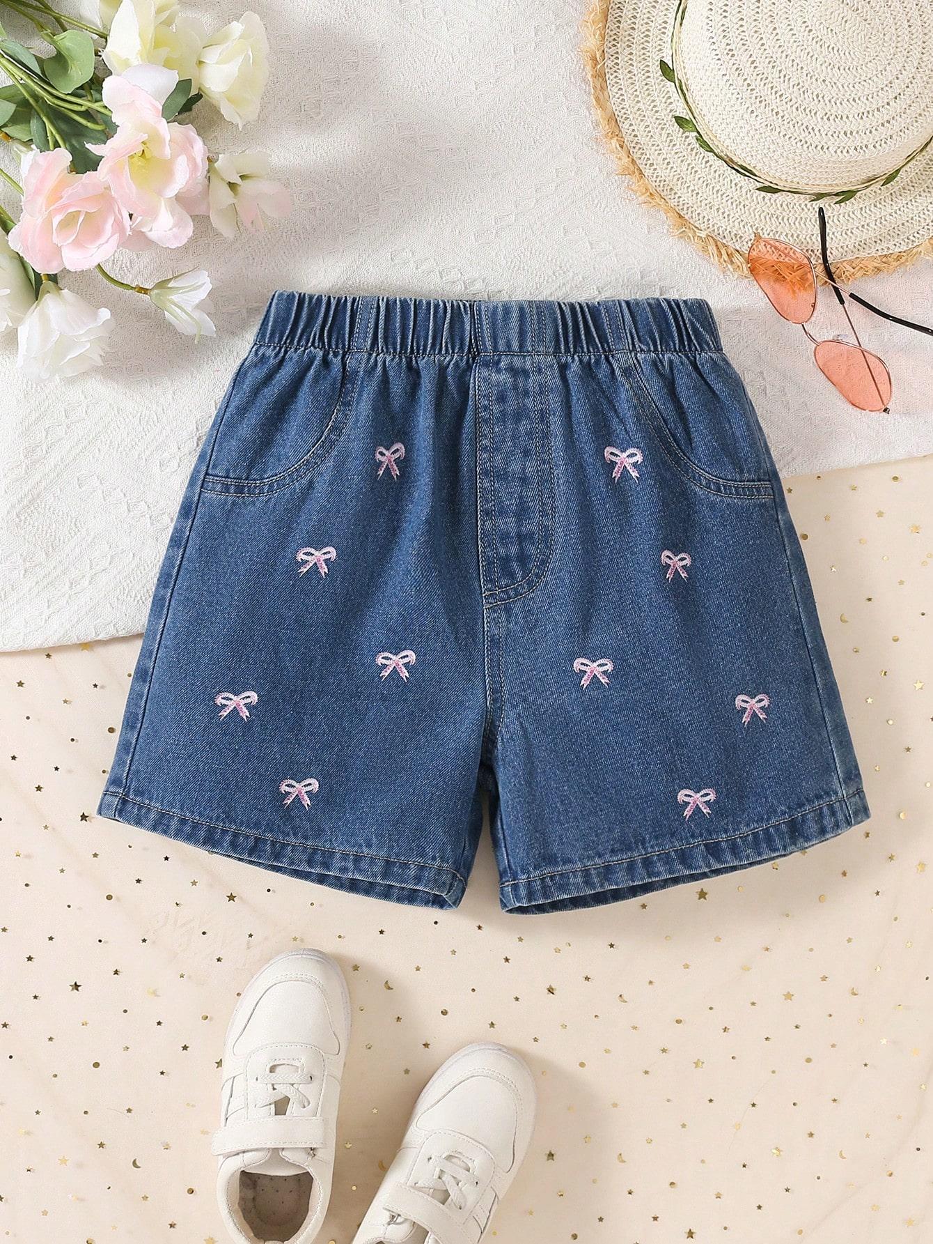 

Single-piece fashionable everyday embroidered pink bow denim shorts for older girls 8Y синий