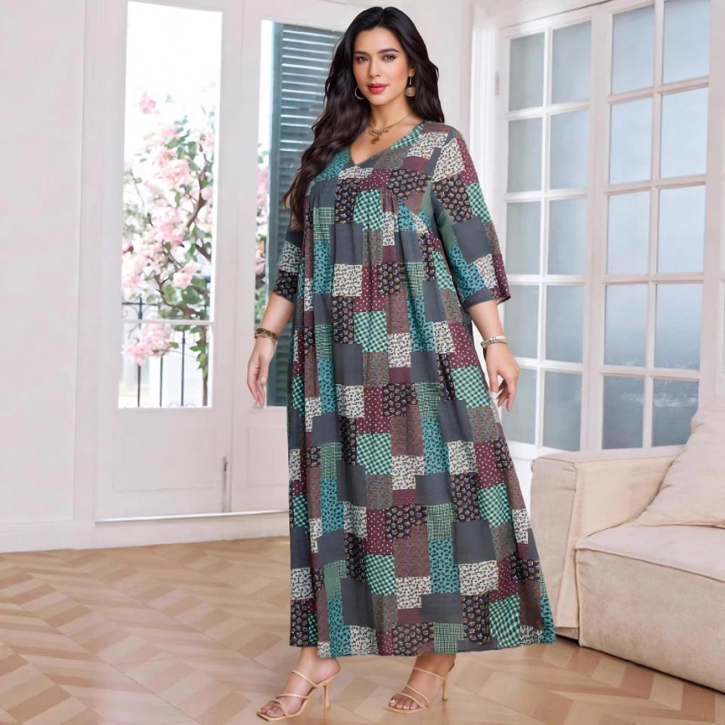 Plus Size V-Neck Floral Patchwork Dress - Women's Middle Eastern Style, Loose Fit, Three-Quarter Sleeve, Casual Vacation Wear