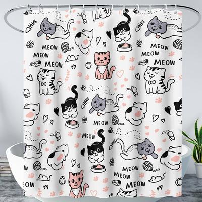 Cute Cat Cartoon Pet Cat Kitten Bathroom Curtain,Cat Paw Print Cat Lover Bath Curtain Polyester Waterproof Bathroom Curtain with