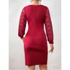 Women Sexy Slim Fit Lace Mesh Long Sleeve V Neck Bodycon Midi Dress