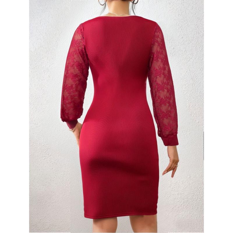 Women Sexy Slim Fit Lace Mesh Long Sleeve V Neck Bodycon Midi Dress