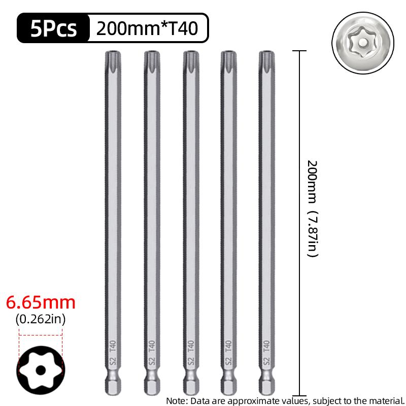 200mm Torx šroubovací bity Magnetické Dutá Hlava Květ Švestky Ocel S2 Bezpečnostní bit T6-T40 1/4'' Šestihranná Stopka Ruční Elektrické Nářadí