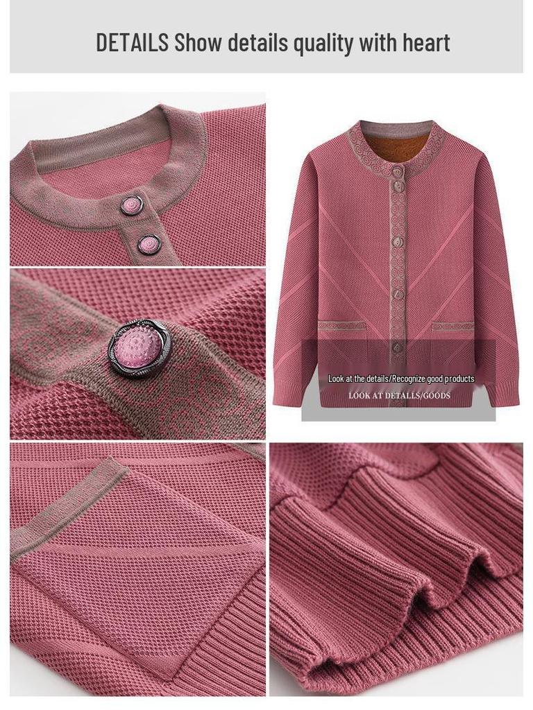 Damen Plus Samt Strickjacke - Verdickte Frühling & Herbst Jacke für Mittelalte und Ältere