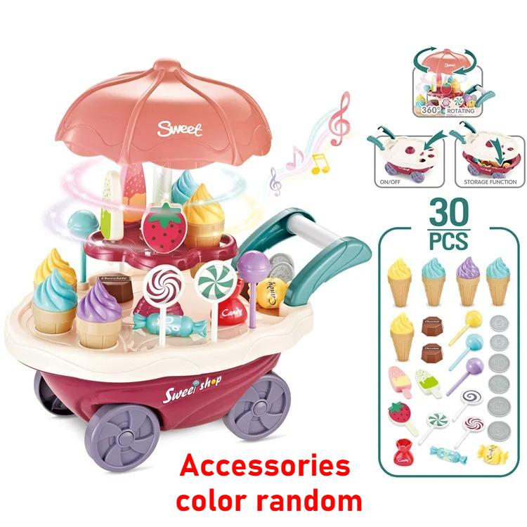 Ice Cream Toys Candy Cart Kids Play House Toys with Ice Cream Lollipop Music Rotatable Pretend Play Gift for Toddler Boys Girls
