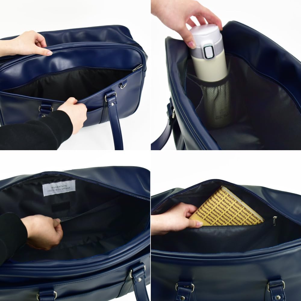 School Large Synthetic For For High School JK Boston Shoulder With Studs on the Navy [Aventura] Bag, Capacity, Leather, Girls, Girls, Students, Bag,