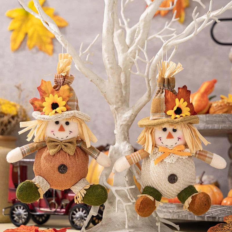 Thanksgiving Scarecrow Doll Pendant Maple Leaf Straw Hat Dwarf Doll Home Plush Decorative Ornament Thanksgiving Party Decor Gift
