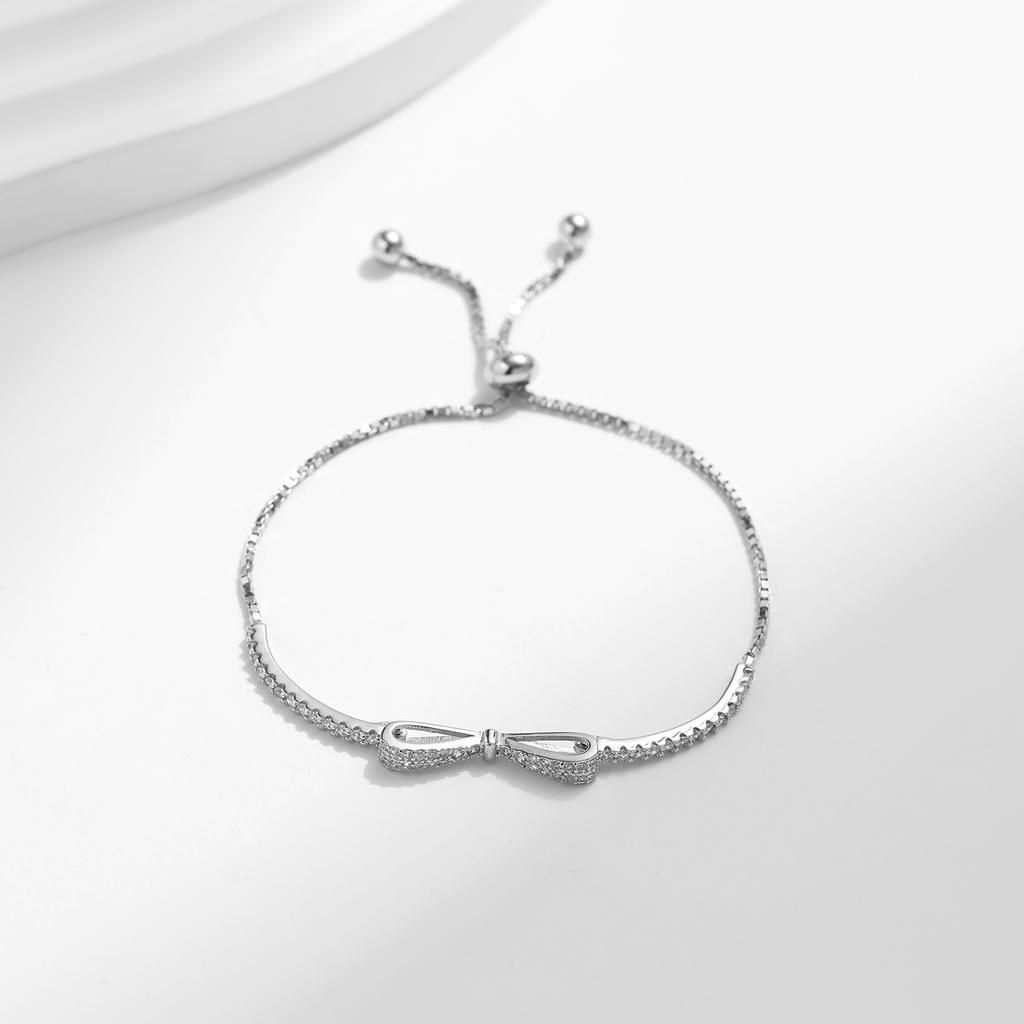 Luxury Charm Adjustable Boxes Chain for Women  Fine Jewelry 925 Sterling Silver Sparkling Zirconia Bowknot Bangle Bracelet