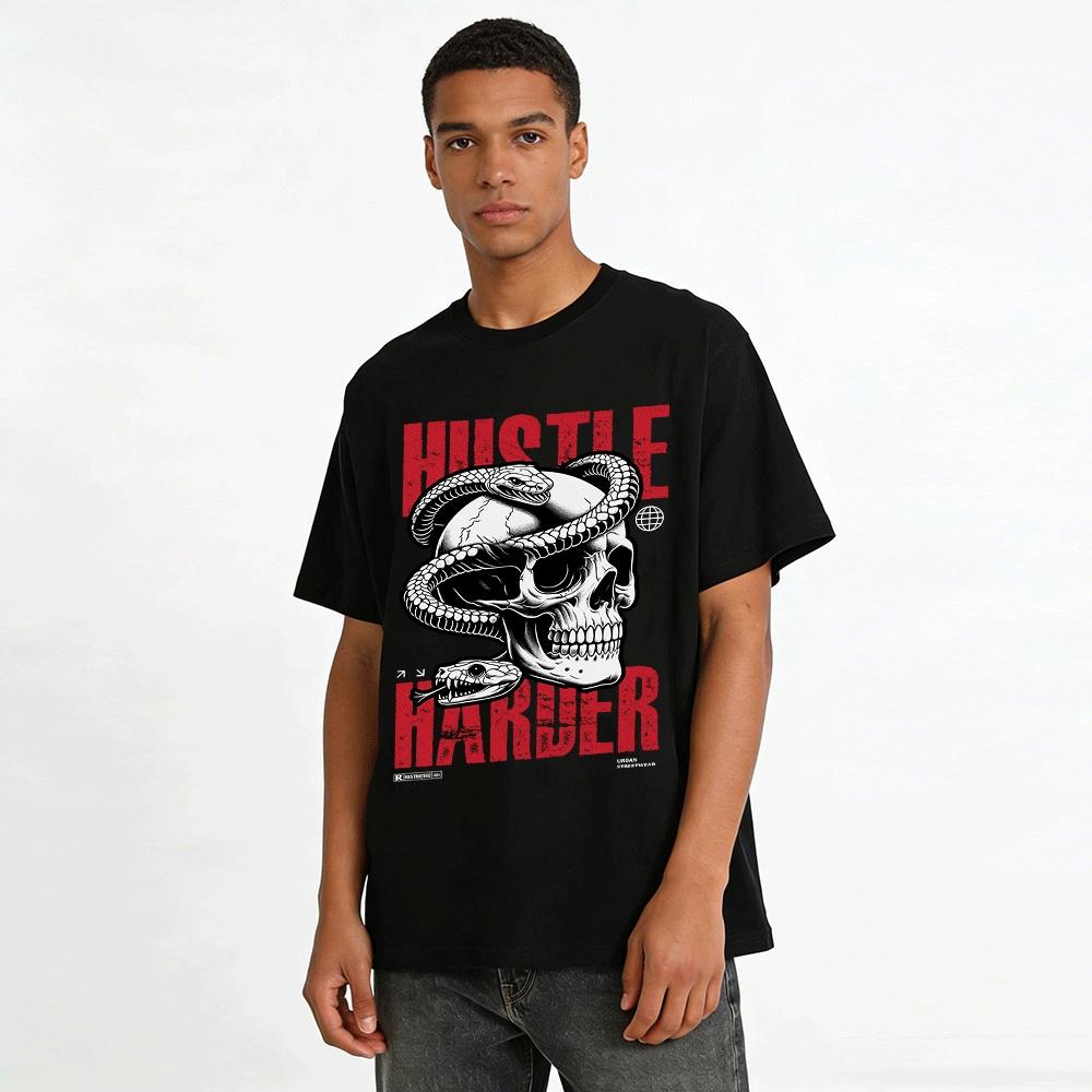 Vintage Totenkopf Doppel Schlangenprint T-Shirt Hustle Harder Streetwear Oberteil Reines Baumwoll-T-Shirt