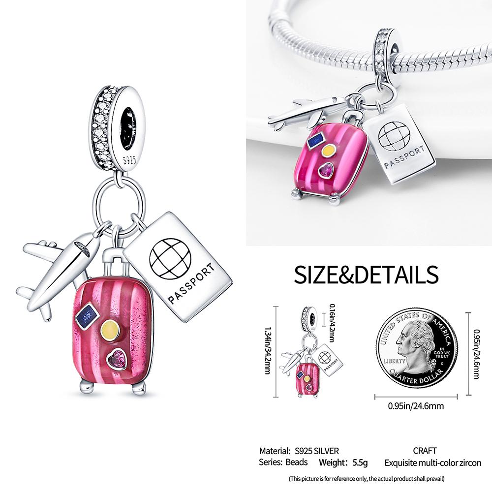 New Original Copper Travel Charms Airplane Luggage Earth Beads Pendants Fit Bracelet Necklace Diy Jewelry Gift