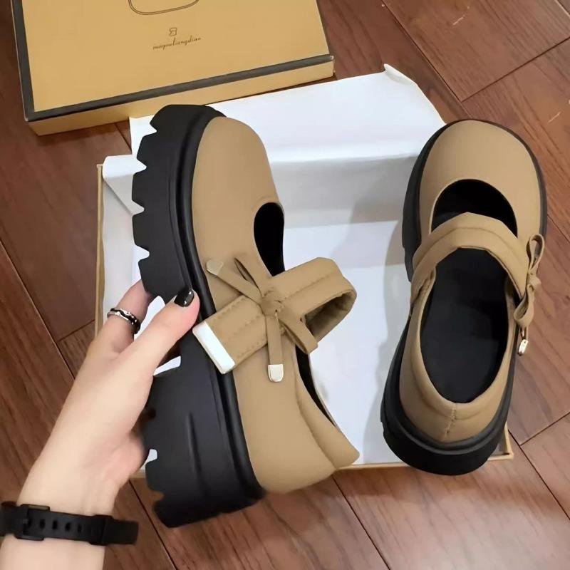 Thick-soled Mary Jane small leather shoes women's new bow retro round head with skirt single shoes