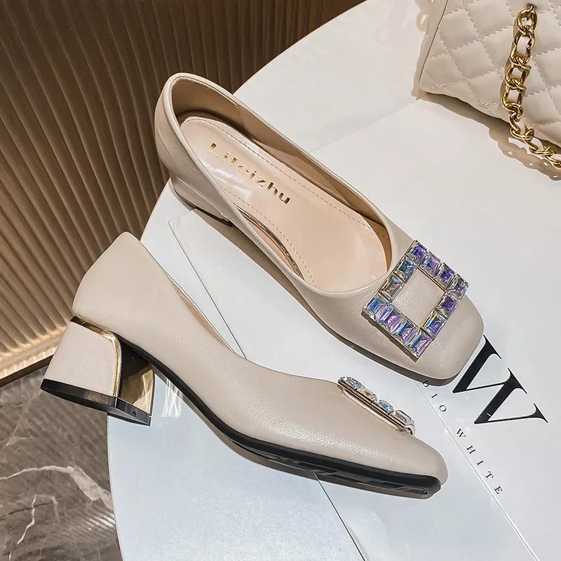 Women Shoes Square Crystal Pumps Girl Leather High Heels Shoes OL Casual Dress Shoes 35-43