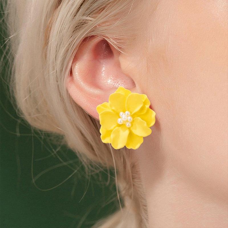 1 Pair Big Orange Pink White Yellow Camellia Flower Earrings for Women Elegant Gift Ear Studs Jewelry Durable and Useful