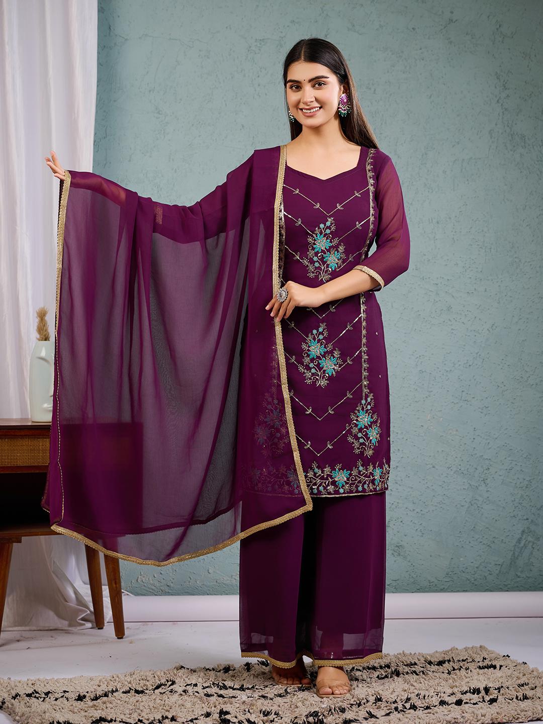 Women Wine Embroidered Kurta Palazzo Set with Dupatta Ethnic Party Wear Indian Suit S винный