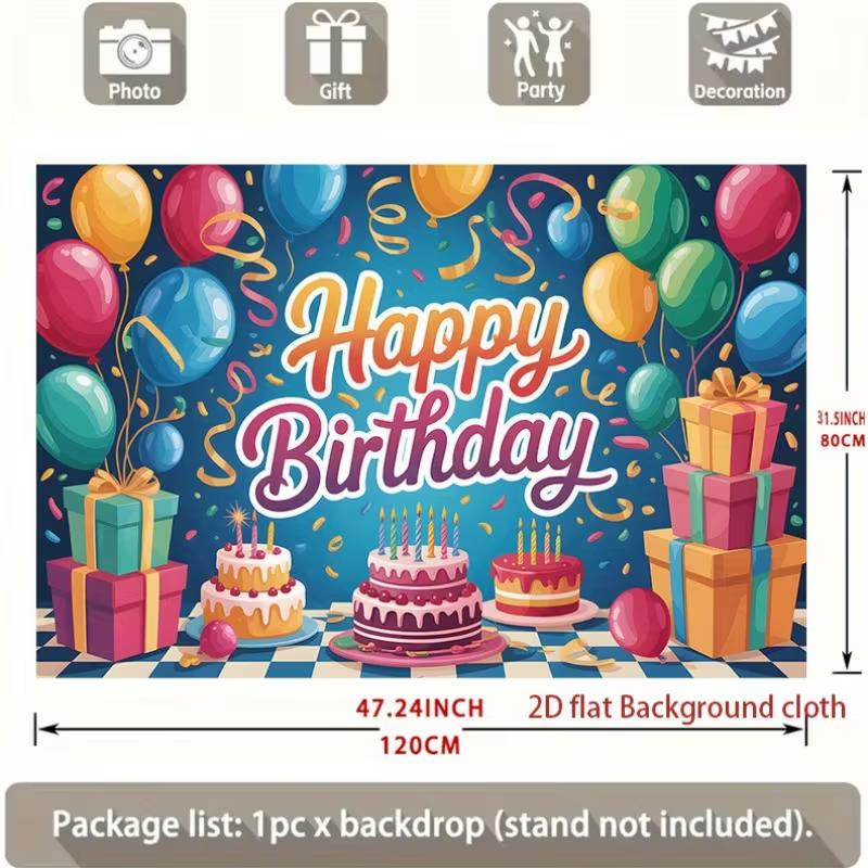 2D Party Backdrop for Kids' Birthday Celebrations, Colorful Balloon & Cake Themed Parties