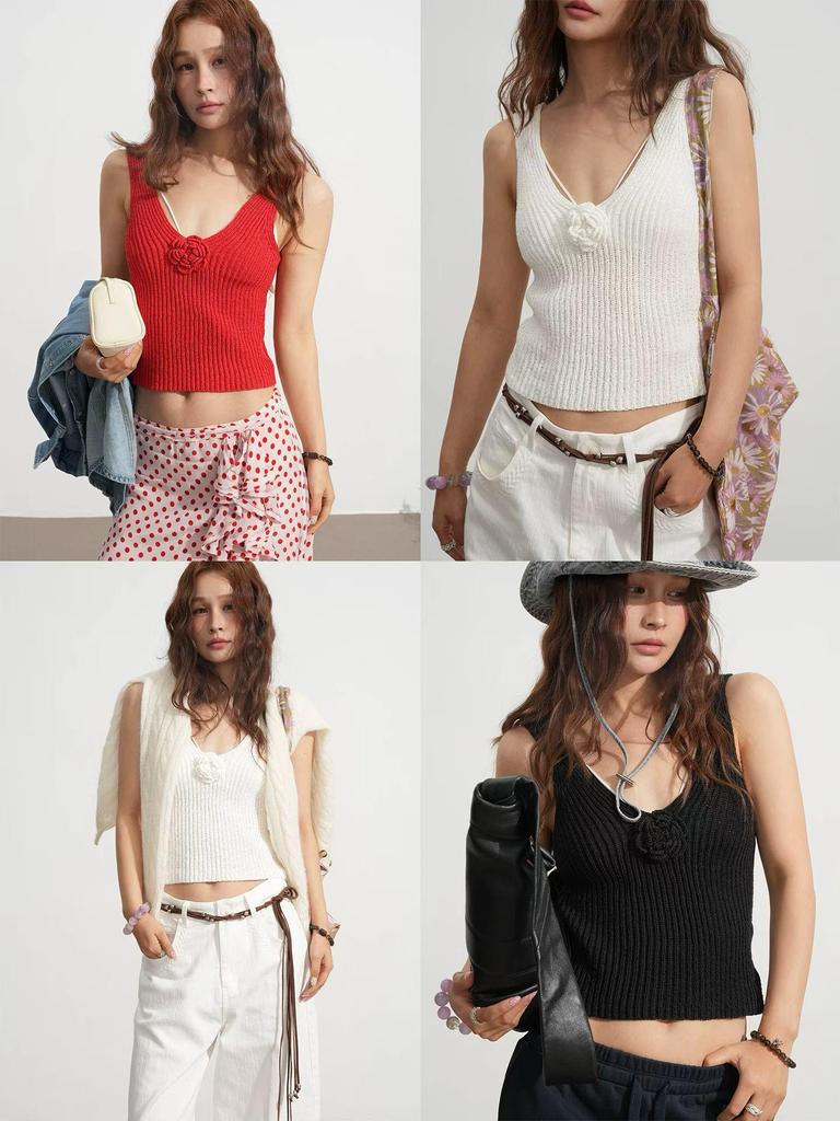 DTWOV 3D Flower Knit Camisole: Women's Spring 2026 Fashion Sleeveless Top