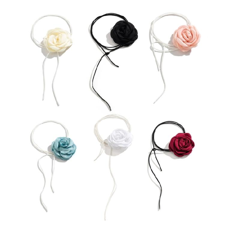 Fabric Flower Choker Necklace Long Tied Rope Lock Collarbone Chain Gift for Girl
