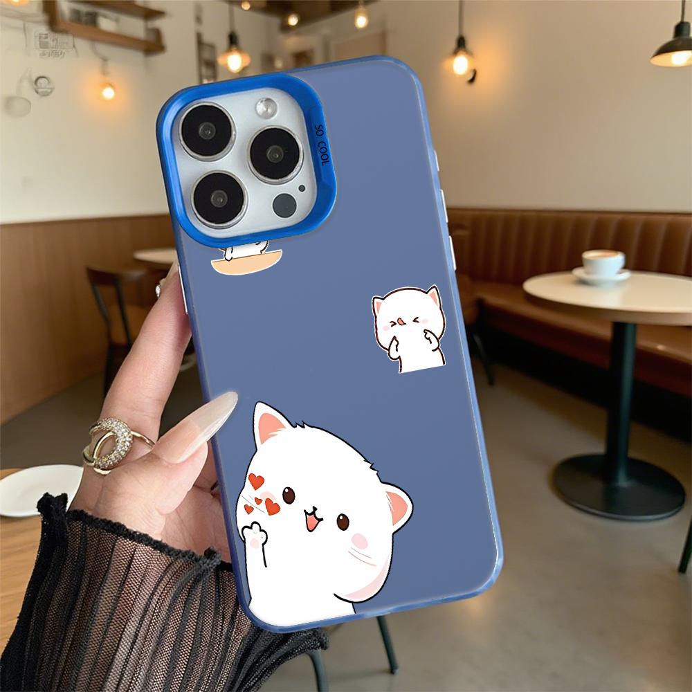 Cute White Cat Cartoons Phone Case for Iphone 16 15 14 13 12 11 Pro Max/Mini Shockproof Anti-Scratch Premium Hard Cover