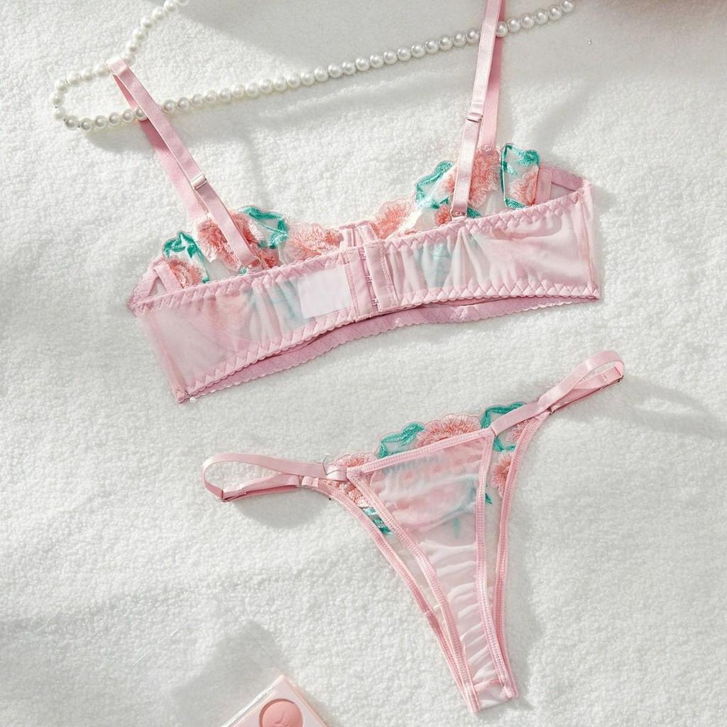 Embroidered Lace Thong & Mesh Lingerie Set