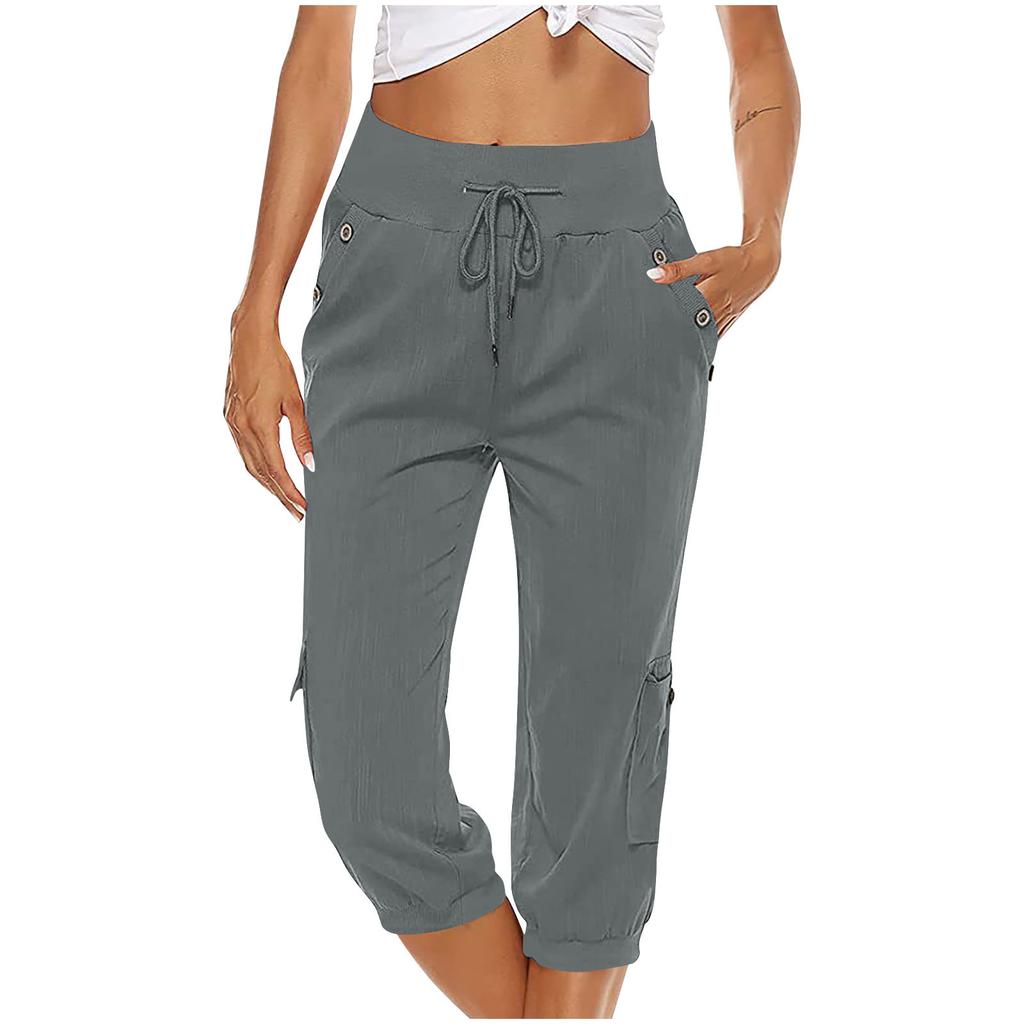 Women Drawstring Waist Loose Fit Cargo Capri Pants Wide Leg Straight Leg Casual Trousers with Pockets