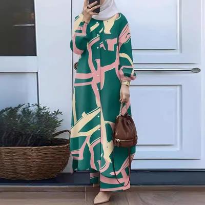 Muslimische Damenmode Blumendruck Zweiteiler Frühling und Herbst Kleidung Retro Langarmhemd Weite Hosen Set