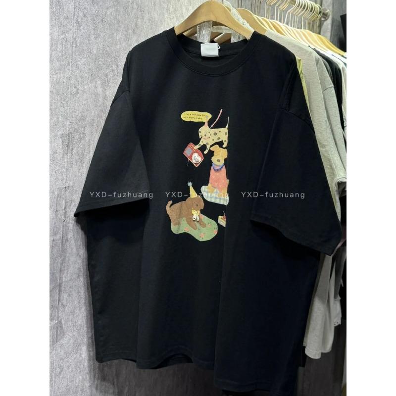 Women's Pink T-Shirt Casual Crew Neck Short-Sleeve Cartoon Dog Print Loose Fit Top