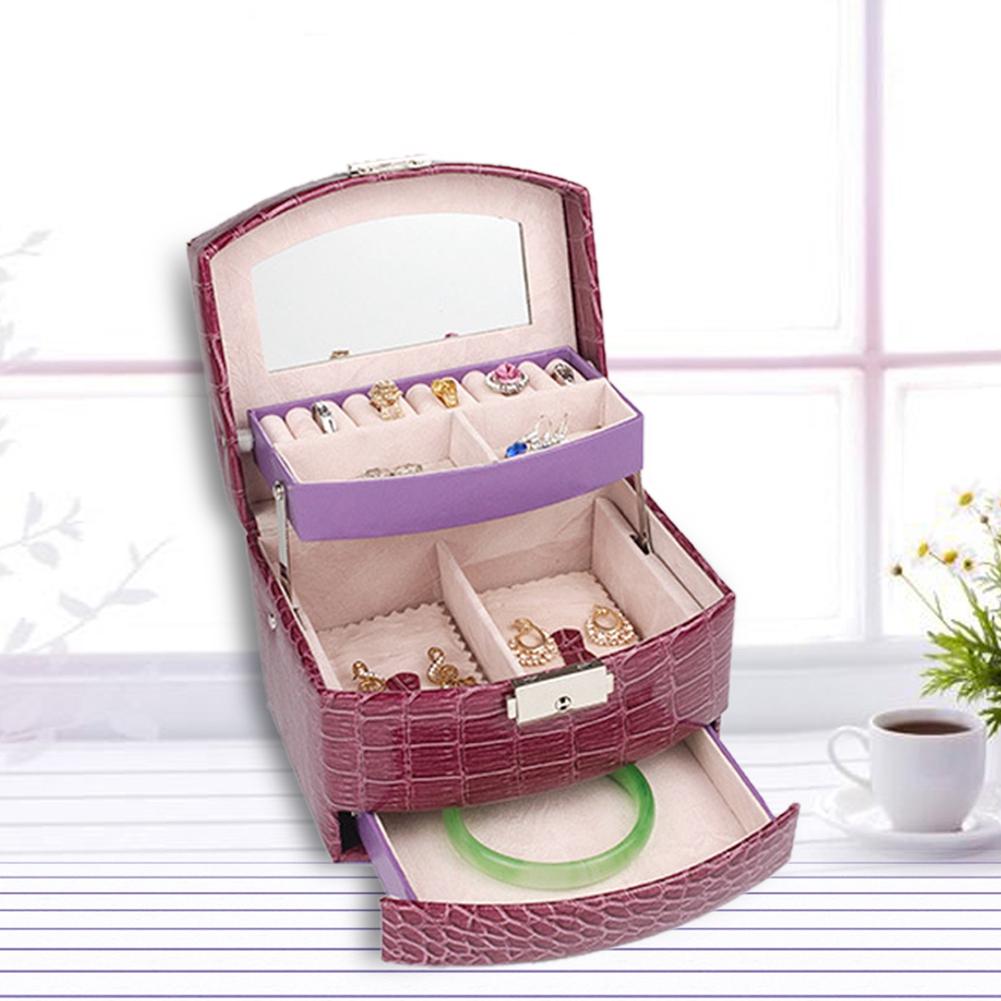 Portable Jewelry Box Storage Multi Layer Organizer Case Ring Earring Necklace Mirror Purple