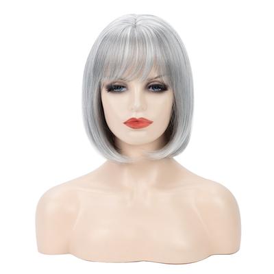 Synthetic Short Bob Wigs with Bangs for Women Grey Straight Hair Wig Cosplay Halloween Costume