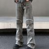 Retro Fashionable Distressed Bootcut Jeans Men's Clothing Wasteland Style Knee Patch Denim Pants High Street Casual Trousers New