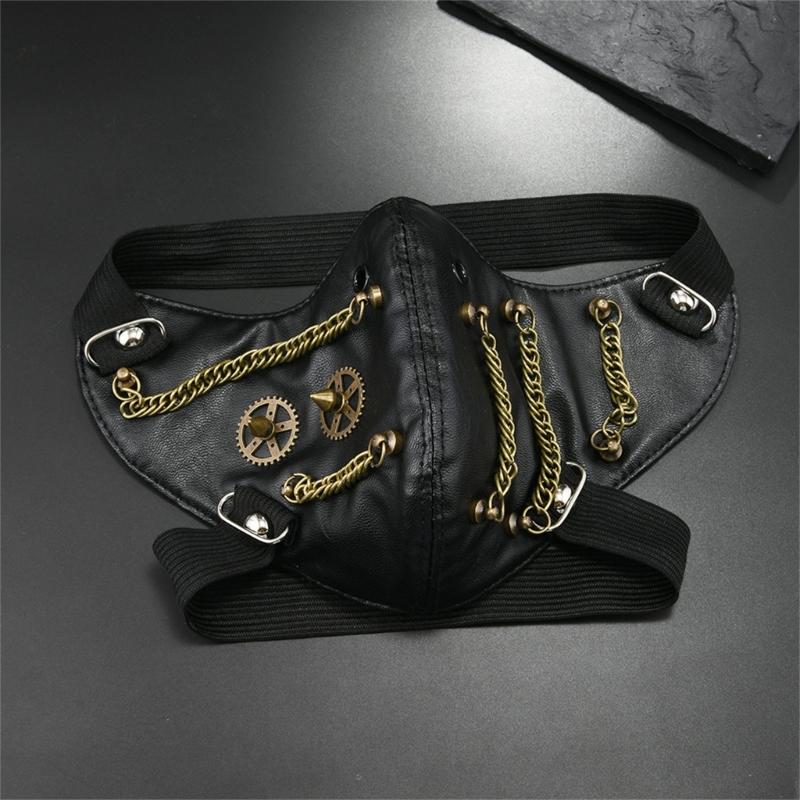 Rivet Chain Embellished PU Leather Face Mask Punk Gothic Cosplay Props For Theater Parties Halloween Costume Event