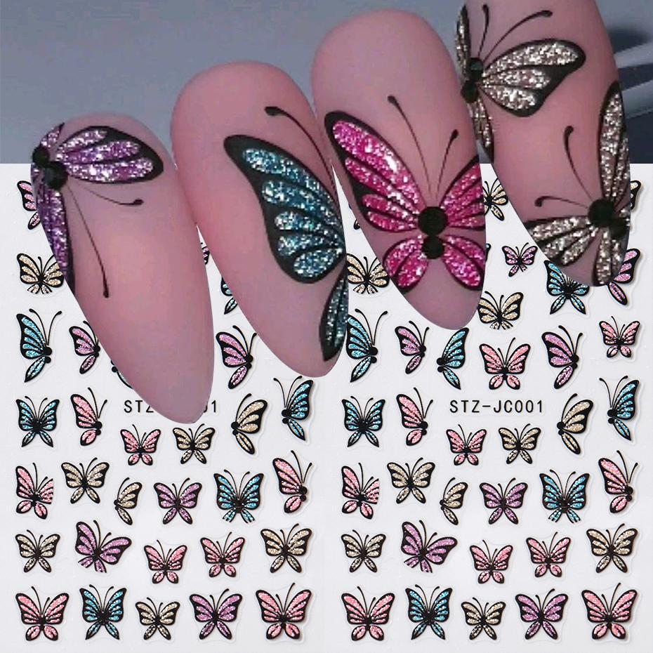 Glitter Vlinder Nagels Stickers Decals Bedeltje 3D Glanzend Blauw Roze Ontwerp Zelfklevende Sliders Nagellak Folies Manicure Decoraties black