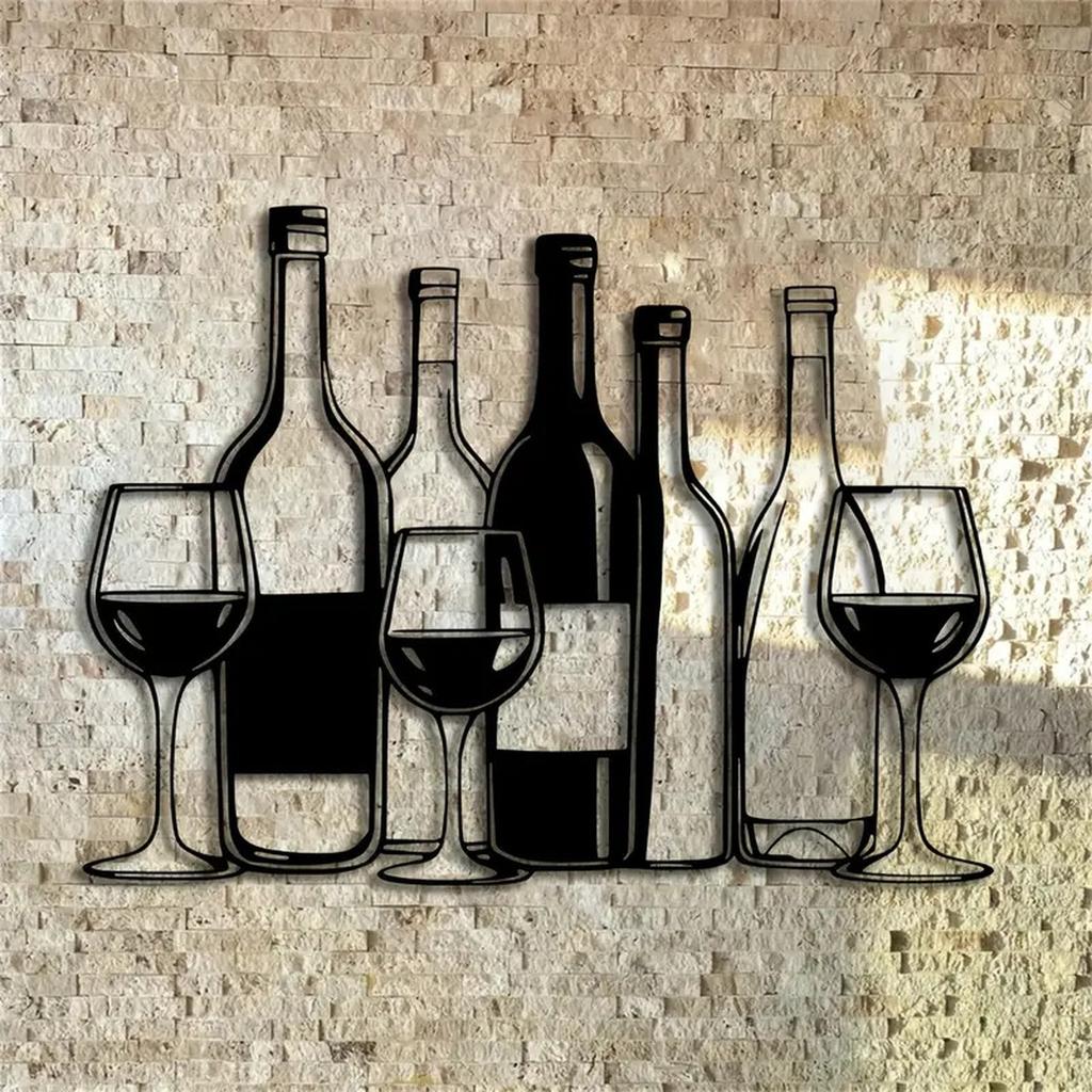 Metal Wine Glass Wall Art Hanging Decoration for Restaurant Bar Creative Wall Mounted Wine Bottle and Glass Design Metal Sculpture