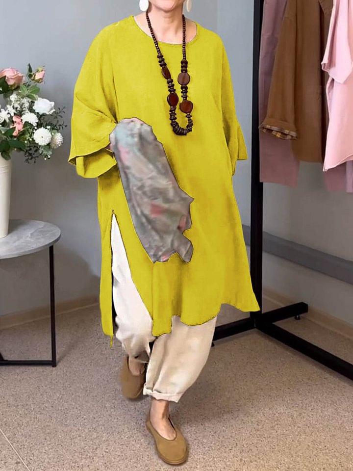 2026 summer new European and American women's solid color round neck seven-quarter sleeve casual linen split-ended long top