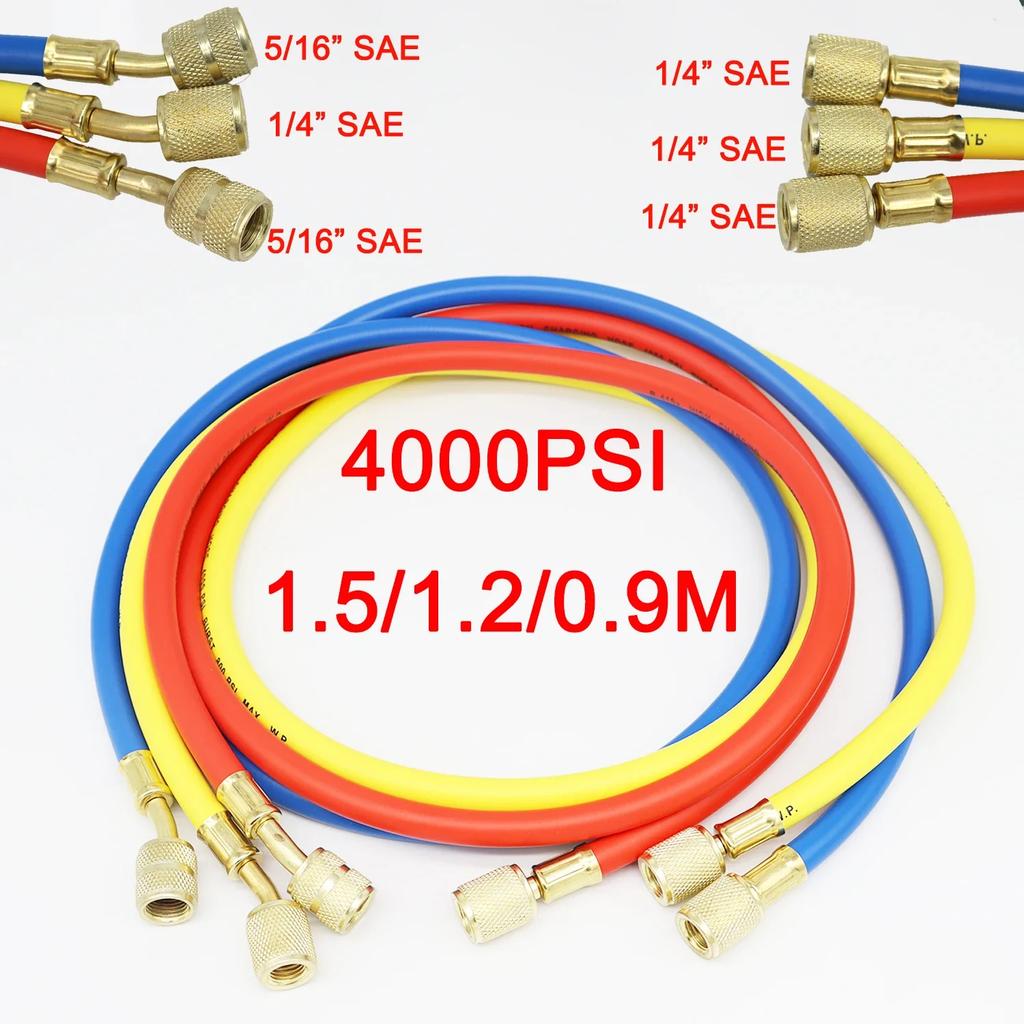 4000psi R410A 1.5M/1.2M/0.9M Refrigerant Air Conditioning Hose Fits for R410A 3 Way AC Charging Hoses Tube 1/4 Thread 5/16 inch