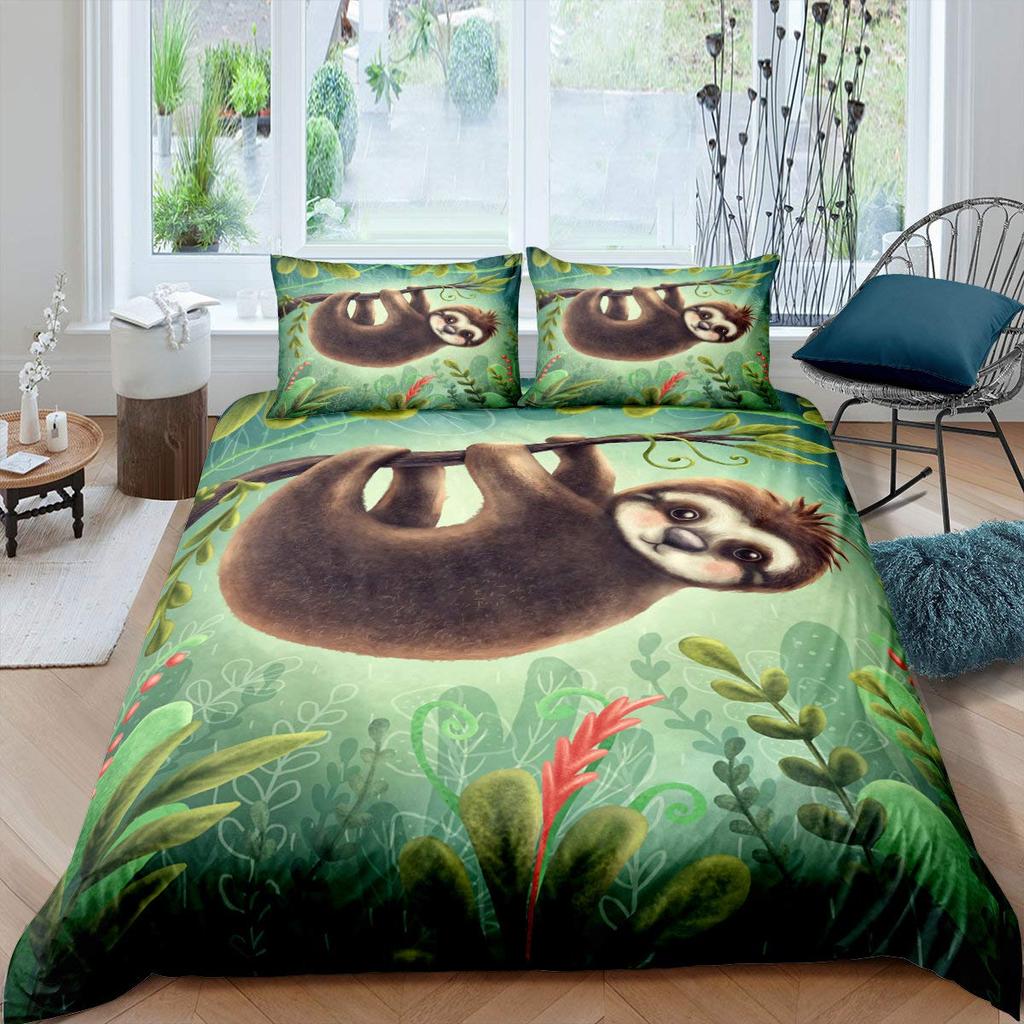 Cartoon Sloth Duvet Cover Set Cute Animals Bedding Sets For Boys Girls Funny Sloth Tropical Leaves Floral Nature Quilt Cover Set