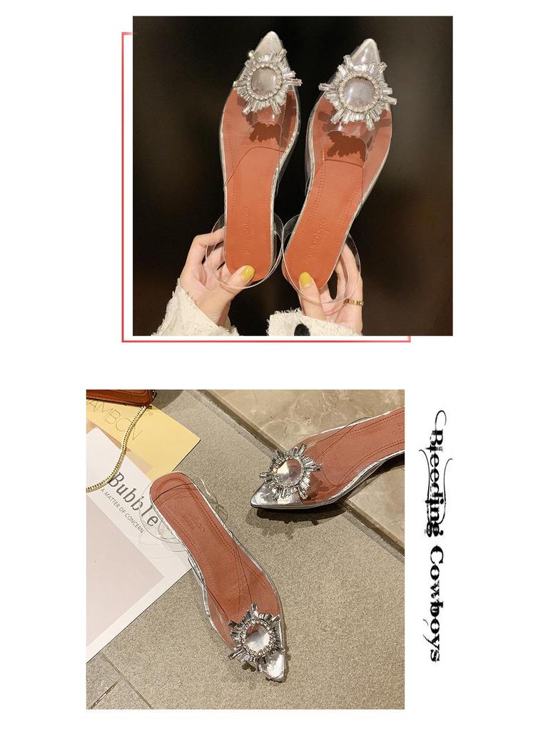 Spring/Summer 2021 Sunflower Pointed-Toe Crystal Sandals with Chunky Wine Glass Heels for Women