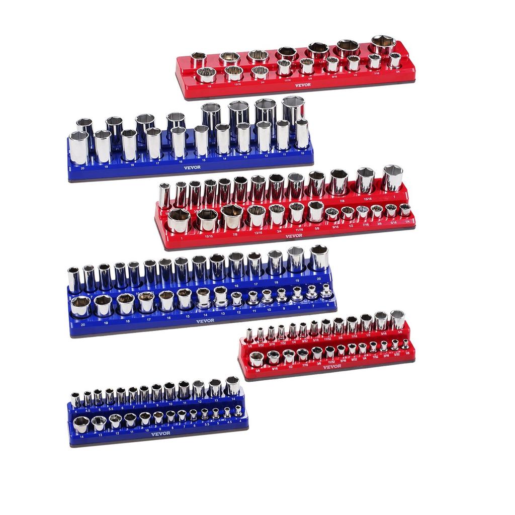 Magnetic Socket Organizer Set 6PCS Socket Trays Blue & Red for Metric SAE