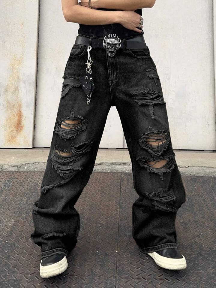 American high street niche design sense super fire ripped pants summer new ins dark wind denim wide-leg pants