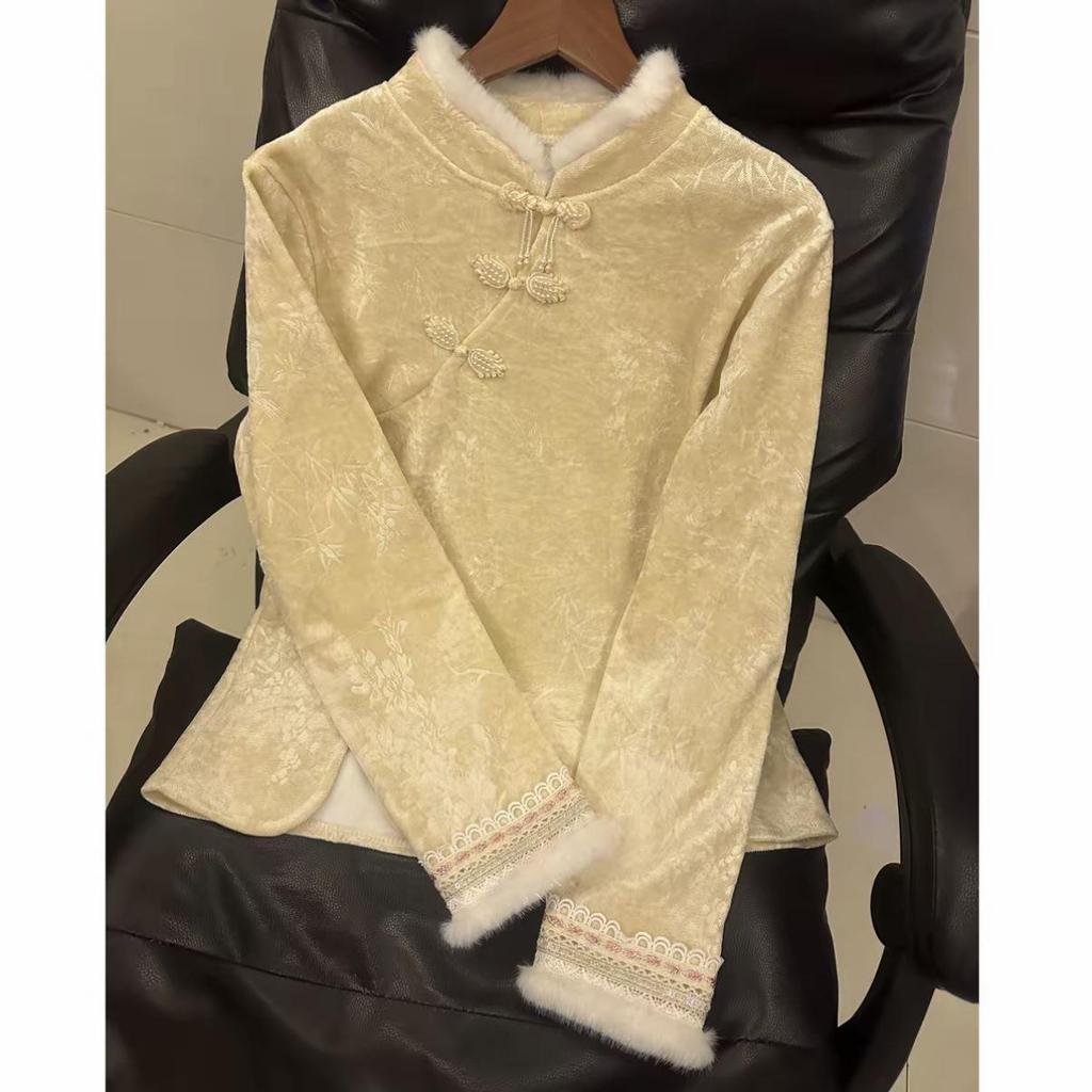 Women's Winter Velvet-Enhanced Qipao-Inspired Base Layer Shirt with Diagonal Lapel and Frog Buttons