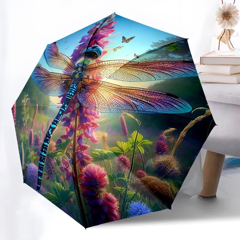Green Dragonfly Themed Folding Umbrella Fashion Auto-Open 8 Iron Ribs Plastic Handle Foldable Sunshade Perfect Christmas Gifts