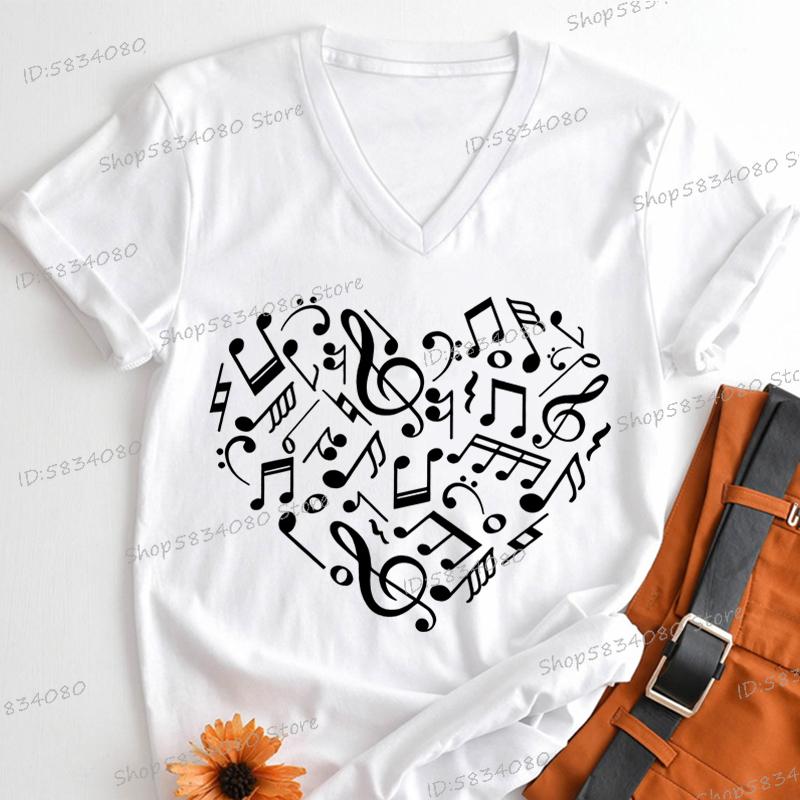 Womens T Shirt Music Notes Heart Print Short Sleeve Daily V Neck Tshirt Music Teacher Gift Tees Music Lover Fashion Streetwear